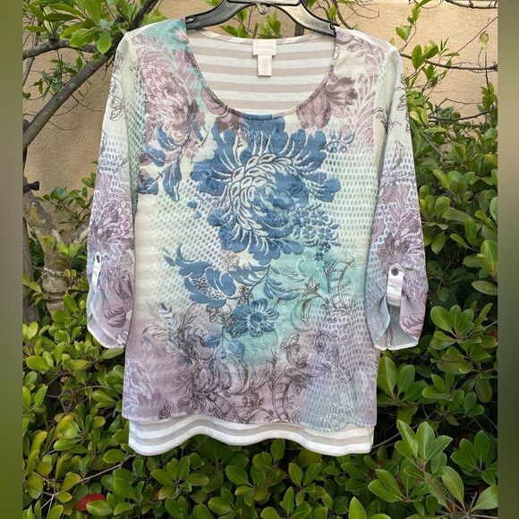 👚Chicos Ivory, Blue & Purple Floral Shirt/Top with Tank Size Small - VGUC - Picture 1 of 5